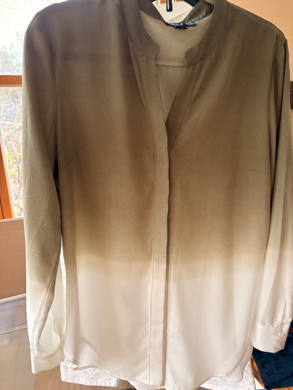 Tribal Khaki Army Green Cream Ombre Blouse Shirt Top Buttondown--Womens Medium